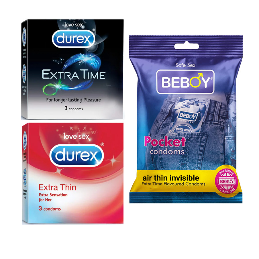 Picture of Durex Safe Haven Combo = 9Pcs Condom + Durex Extra Time 3s + Durex Extra Thin 3s + Beboy Air Thin Invisible 3s Condom Chat for details