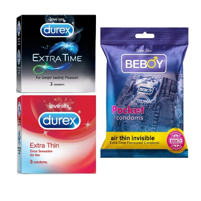 Picture of Durex Safe Haven Combo = 9Pcs Condom + Durex Extra Time 3s + Durex Extra Thin 3s + Beboy Air Thin Invisible 3s Condom Chat for details