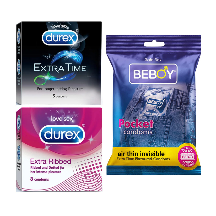 Picture of Durex LoveDefender Combo = 9Pcs Condom + Durex Extra Time 3s + Durex Extra Ribbed 3s + Beboy Air Thin Invisible 3s Condom