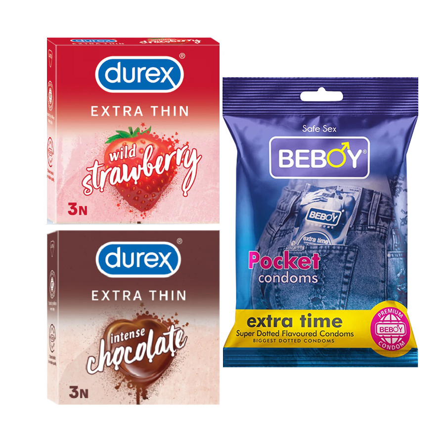 Picture of Durex VelvetTouch Combo = 9Pcs Condom + Durex Strawberry 3s + Durex Chocolate 3s + Beboy Extra Time 3s Condom