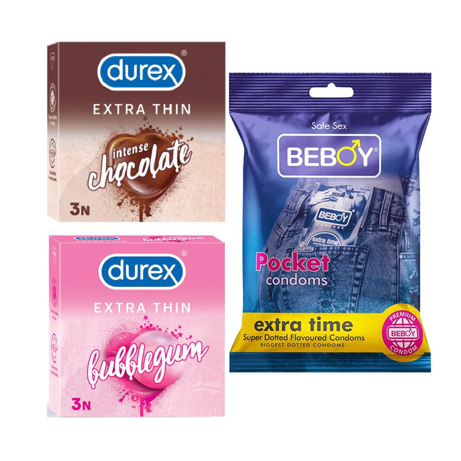 Picture of Durex VenusGuard Combo = 9Pcs Condom + Durex Chocolate 3s + Durex BubbleGum 3s + Beboy Extra Time 3s Condom
