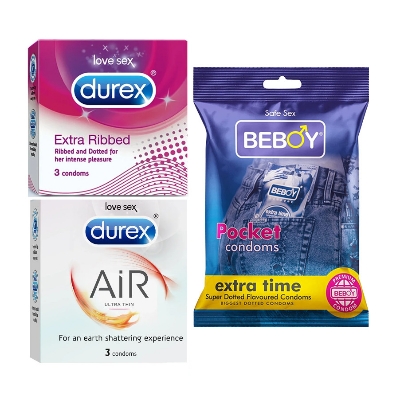 Picture of Durex ZenShield Combo = 9Pcs Condom + Durex Extra Ribbed 3s + Durex Air 3s + Beboy Extra Time 3s Condom