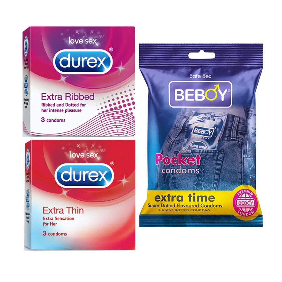 Picture of Durex Innovation Combo = 9Pcs Condom + Durex Extra Ribbed 3s + Durex Extra Thin 3s + Beboy Extra Time 3s Condom