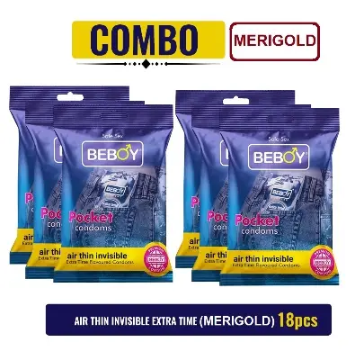 Picture of Beboy Extra Time Air Thin Invisible Condom (Merigold Flavour) Pouch Pack (Combo) 3x6 - 18Pcs (India)