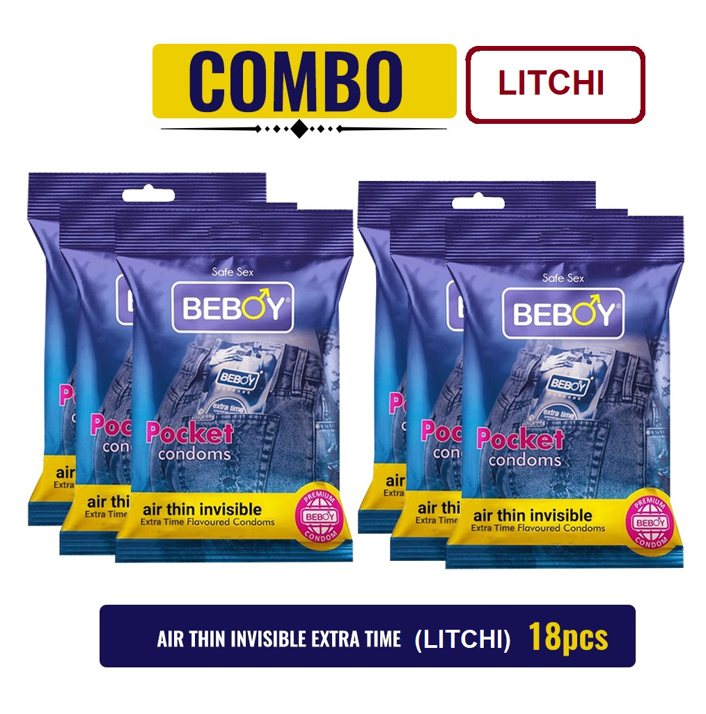 Picture of Beboy Extra Time Air Thin Invisible Condom (Litchi Flavour) Pouch Pack (Combo) 3x6 - 18Pcs (India)