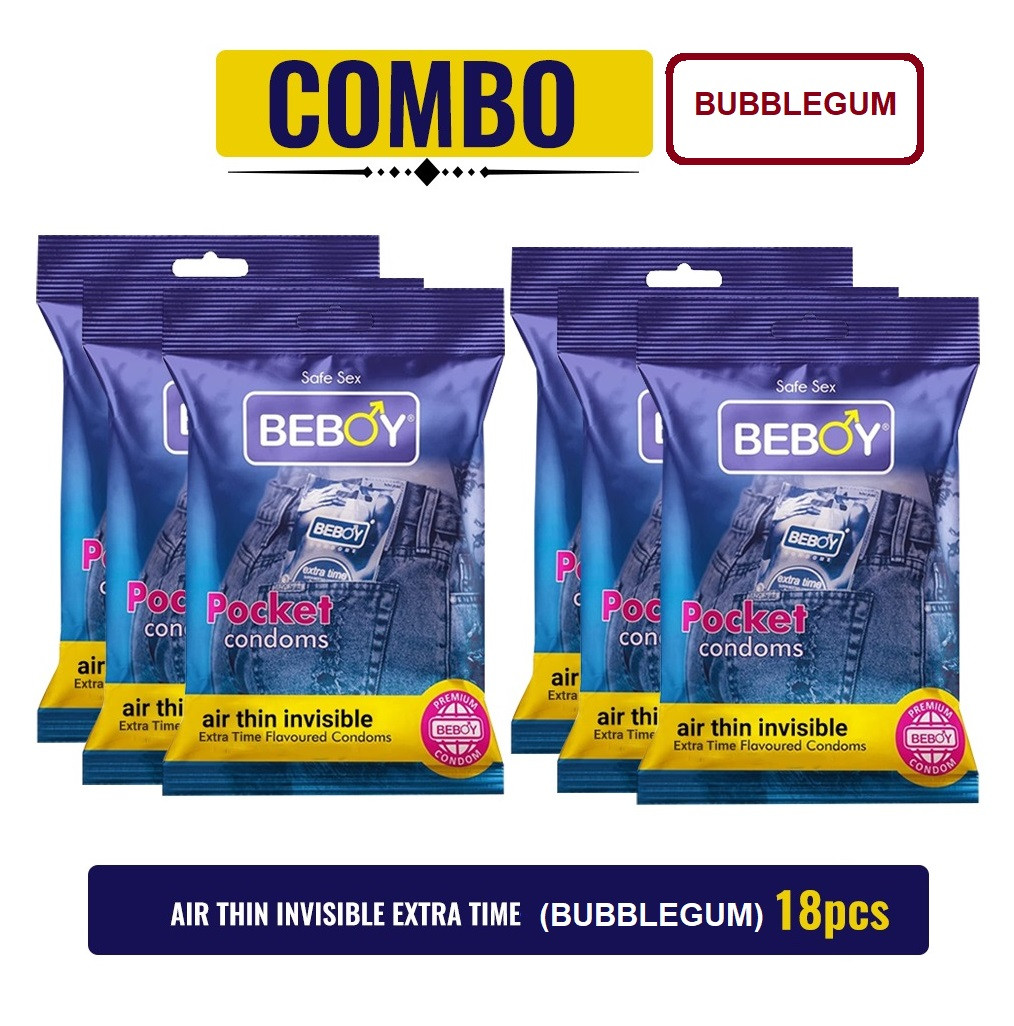 Picture of Beboy Extra Time Air Thin Invisible Condom (BubbleGum Flavour) Pouch Pack (Combo) 3x6 - 18Pcs (India)