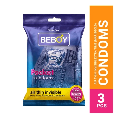 Picture of Beboy Extra Time Air Thin Invisible Condom (Merigold Flavour) Pocket Pack- 3Pcs(India)