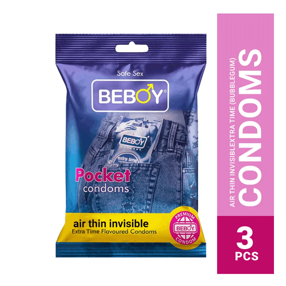 Picture of Beboy Extra Time Air Thin Invisible Condom (BubbleGum Flavour) Pocket Pack- 3Pcs(India)