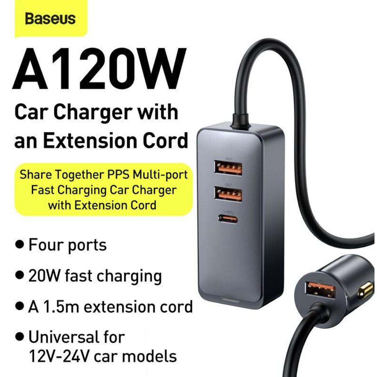 Picture of Baseus Share Together PPS multi-port Fast charging car charger with extension cord 120W 3U+1C Gray