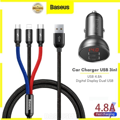 Picture of Baseus Digital Display Dual USB 4.8A Car Charger 24W with Three Primary Colors 3-in-1 Cable USB 1.2M