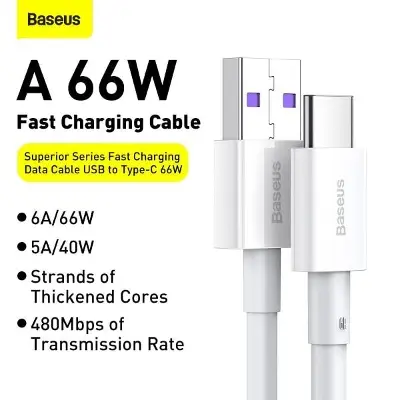 Picture of Baseus A 66W 6A Flash Charging USB to Type-C Cable for Samsung Galaxy S21 Note S20 ultra Huawei Mate40 OnePlus 8 Pro - Cable Protector
