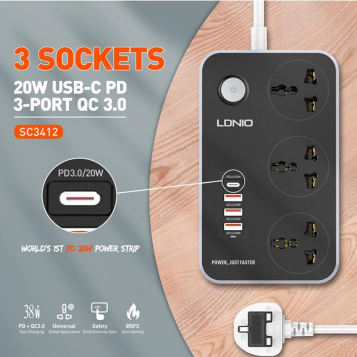 Picture of LDNIO SC3412 POWER STRIP WITH 3 AC SOCKETS + PD TYPE-C PORTS + 3 QC3.0 USB PORTS CHARGER
