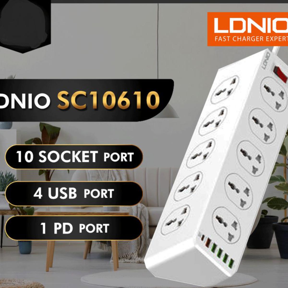Picture of LDNIO SC10610 (2500W) 10 Sockets + 4 USB Ports + 1 Type-C PD Port + 1 QC3.0 Port (30W Max) Desktop Extension Home Charger With 2M Cord