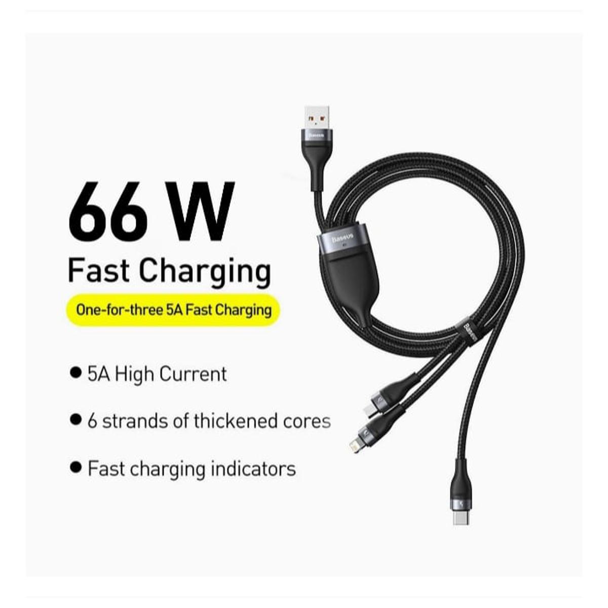 Picture of Baseus Flash Series 3 IN 1 66W Fast Charging Data Cable USB to M+L+C 5A 1.2m Black