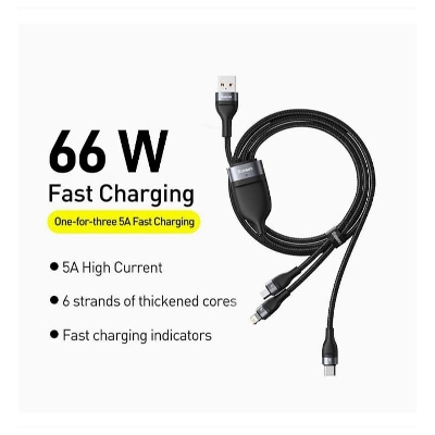Picture of Baseus Flash Series 3 IN 1 66W Fast Charging Data Cable USB to M+L+C 5A 1.2m Black