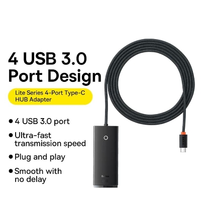 Picture of Baseus Hub Lite Series 4-Port Type-C HUB Adapter 4X USB 3.0 Black Cable 1m - Usb Hub