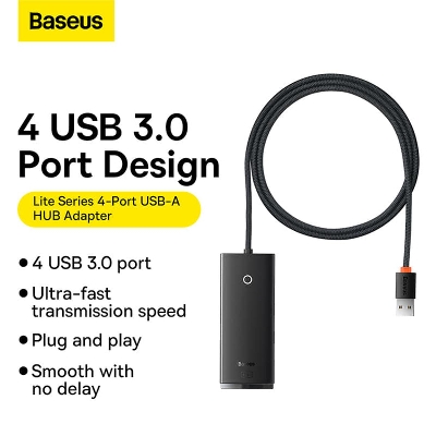 Picture of Baseus Hub Lite Series 4-Port USB-A HUB Adapter 4X USB 3.0 Black cable 1m