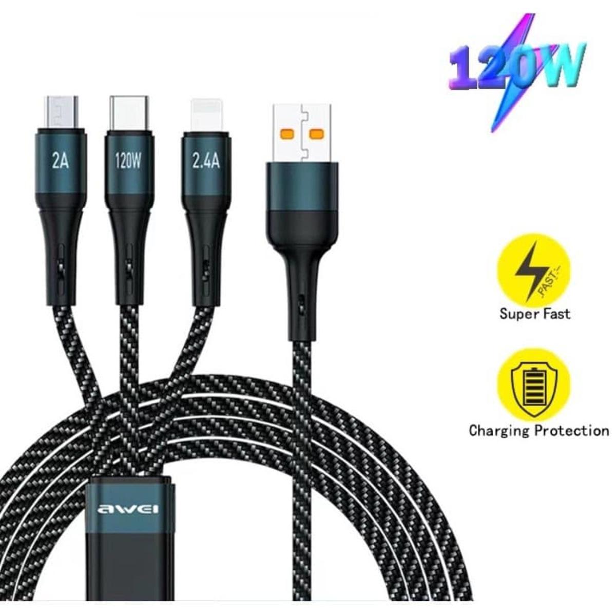 Picture of Awei 3-in-1 USB-C 120W Lightning 20W Super Fast Charging Cables Data Transmission Suirfor all phone