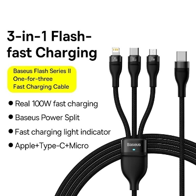 Picture of BASEUS Flash Series II One-for-Three Fast Charging Cable Type-C to Micro+iP+Type-C 100W Wire, 1.5m - Black