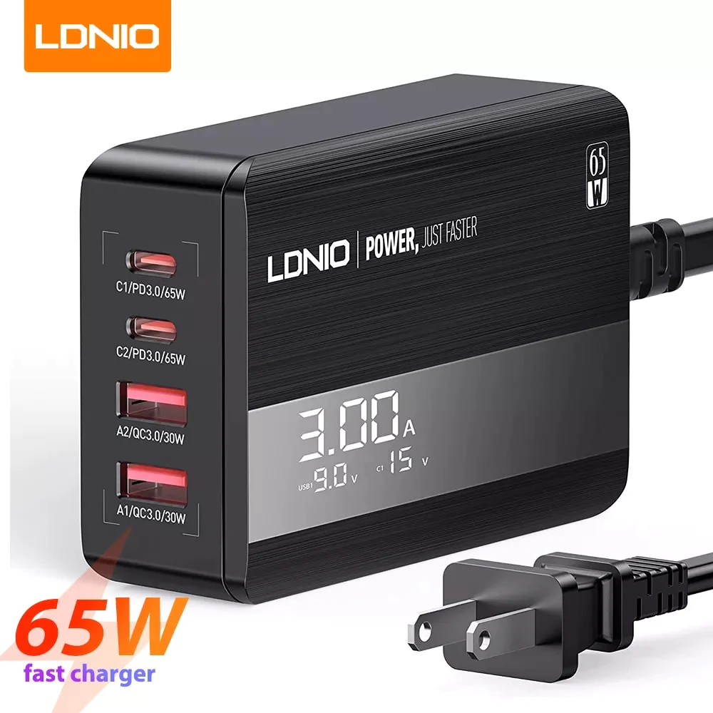 Picture of LDNIO 65W Two PD Type-C and Two QC3.0 Super Fast Charging Desktop Mobile Charger For Mobile Phone and 65W Laptop A4808Q    - Black