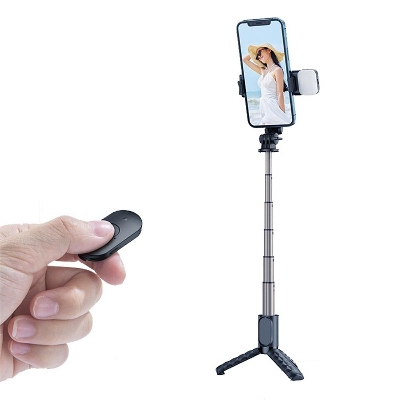 Picture of MCDODO Aluminum Alloy Extendable Rod Selfie Stick Bluetooth Remote Control Tripod with Single Fill Light - Black