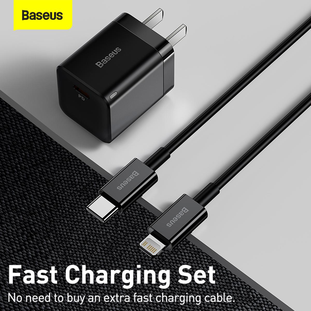 Picture of Baseus GaN5 Type-C 20W Fast Charger with 1m Type-C to Lightning PD20W Superior Series Fast Charging Data Cable Black US Adapter