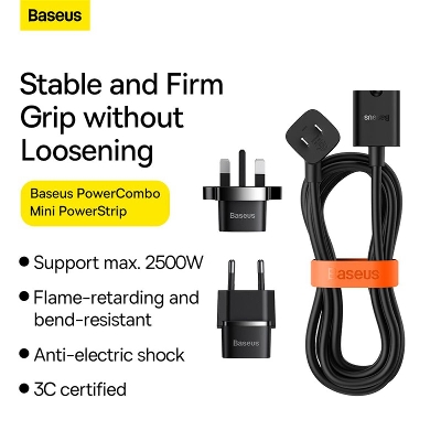 Picture of Baseus PowerCombo Nini PowerStrip 1AC Including EU and UK Plug Adapters - Black