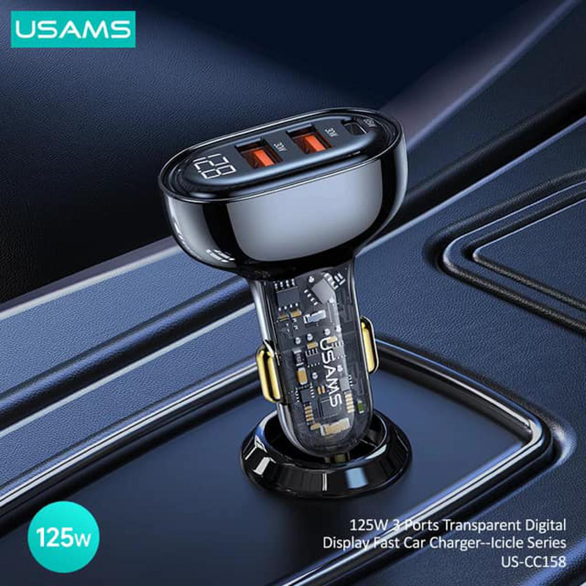 Picture of USAMS US-CC158 125W 3 Ports Transparent Digital Display Fast Car Charger - Black