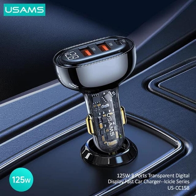 Picture of USAMS US-CC158 125W 3 Ports Transparent Digital Display Fast Car Charger - Black