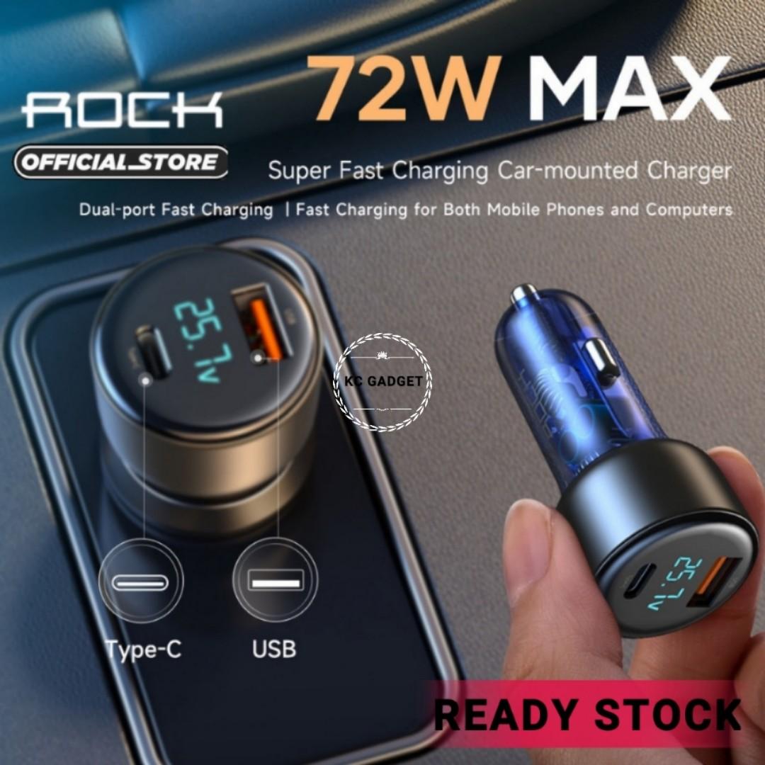 Picture of Rock 72W Car Charger LED Display Type C PD Fast Charging Charger For iPhone Laptops Tablets Dual Port Translucent Car Charger