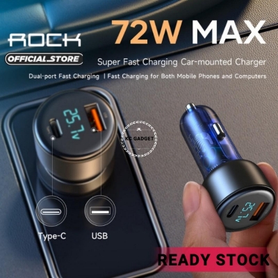 Picture of Rock 72W Car Charger LED Display Type C PD Fast Charging Charger For iPhone Laptops Tablets Dual Port Translucent Car Charger