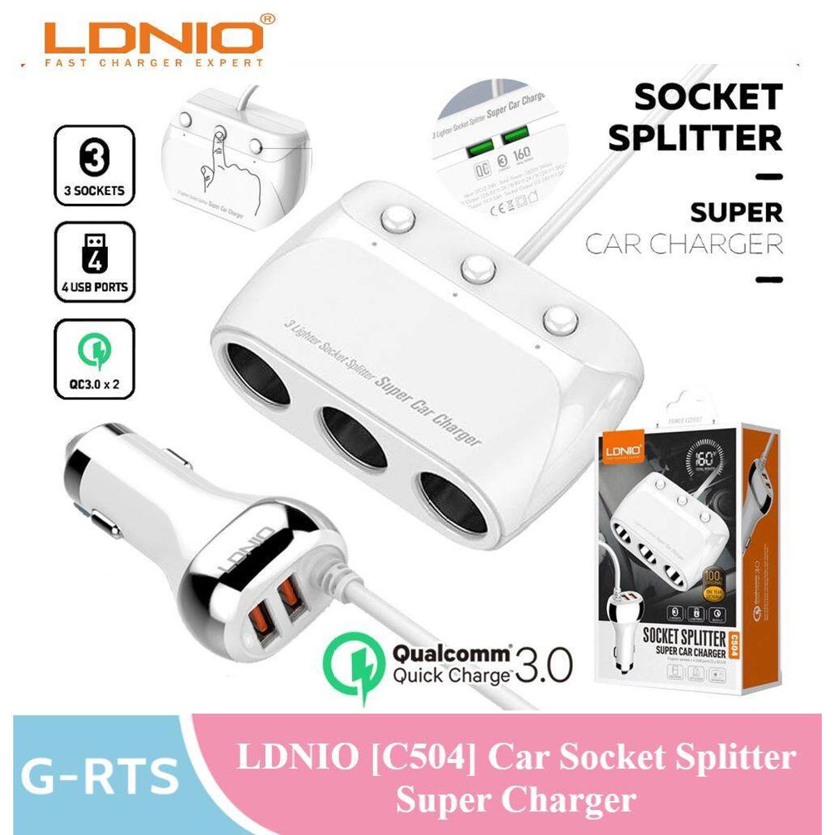 Picture of LDNIO C504 Dual QC3.0 USB Port 6V 3A Fast Car Charger With 3 Slot Socket Adapter Plug 12V-24V Universal Quick Charging For