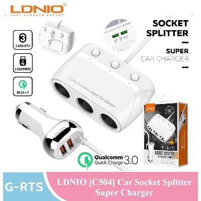 Picture of LDNIO C504 Dual QC3.0 USB Port 6V 3A Fast Car Charger With 3 Slot Socket Adapter Plug 12V-24V Universal Quick Charging For