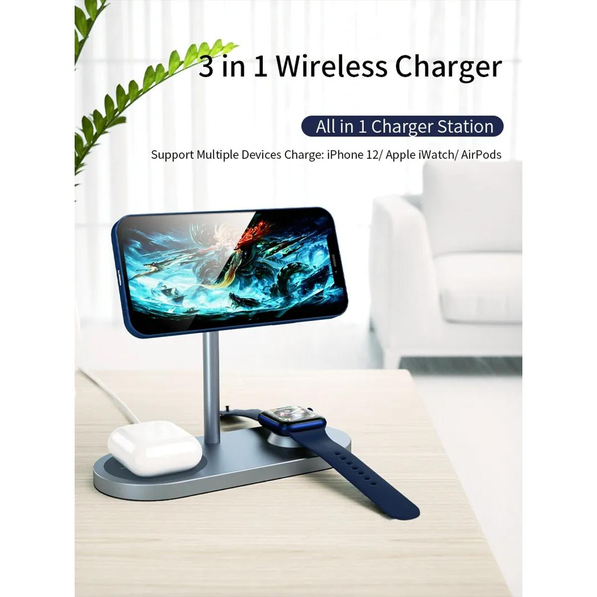 Picture of WiWU 3 in 1 Wireless Charger for iiPhone Smart Watch Earbuds Stand Magnetic Attached Wireless Charging Power Adapter Station - Black