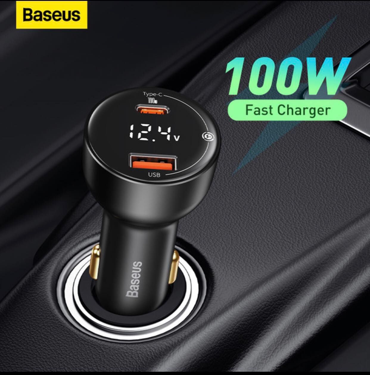 Picture of Baseus Digital Display PPS 100watt Dual Quick Car Charger with Type-C to Type-C 100W 1m - Black
