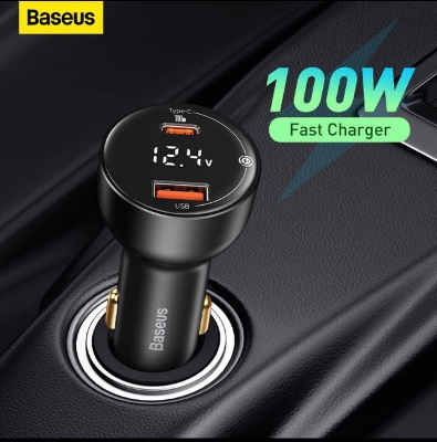 Picture of Baseus Digital Display PPS 100watt Dual Quick Car Charger with Type-C to Type-C 100W 1m - Black