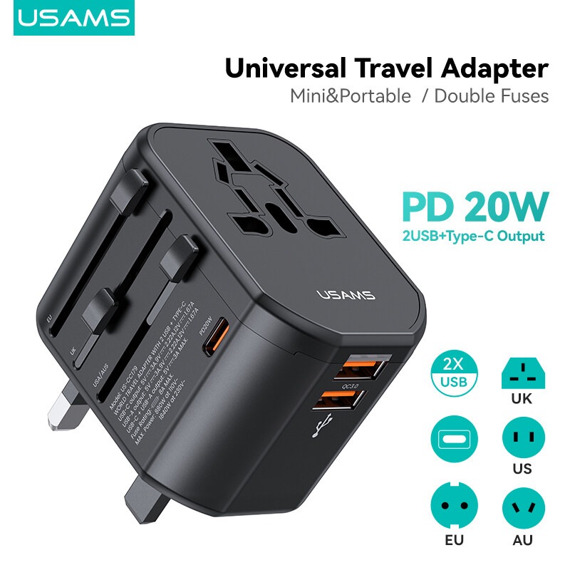 Picture of USAMS T59 Universal Travel Adapter Travel Charger Socket Converter 20W Dual USB Type-C Wall Charger- Progressively Better