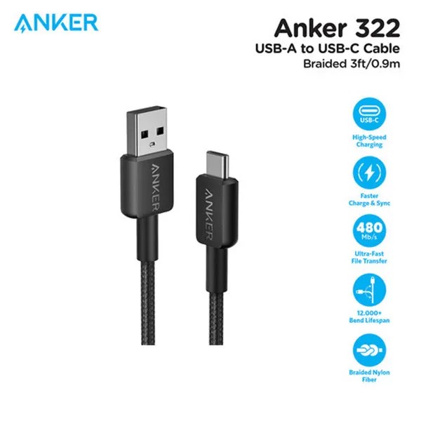 Picture of Anker 322 USB-A to USB-C Cable (3ft Braided) 90cm Black