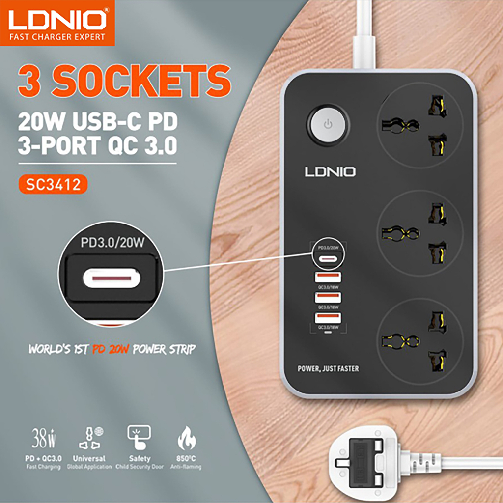 Picture of LDNIO SC3412 38W PD20W Power Strip 2-Meter Wall Extension Plug Cord with 3 Socket Outlets and 3 QC 3.0 USB