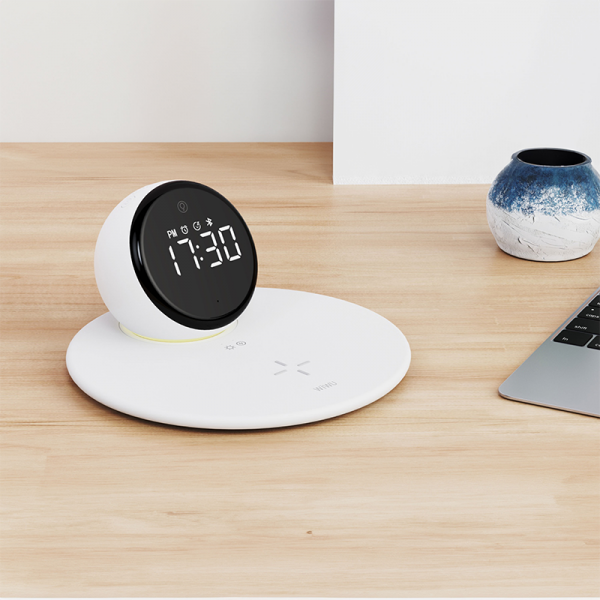 Picture of WIWU WI-W017 15W WIRELESS CHARGER WITH DIGITAL ALARM CLOCK AND BLUETOOTH SPEAKER- WHITE