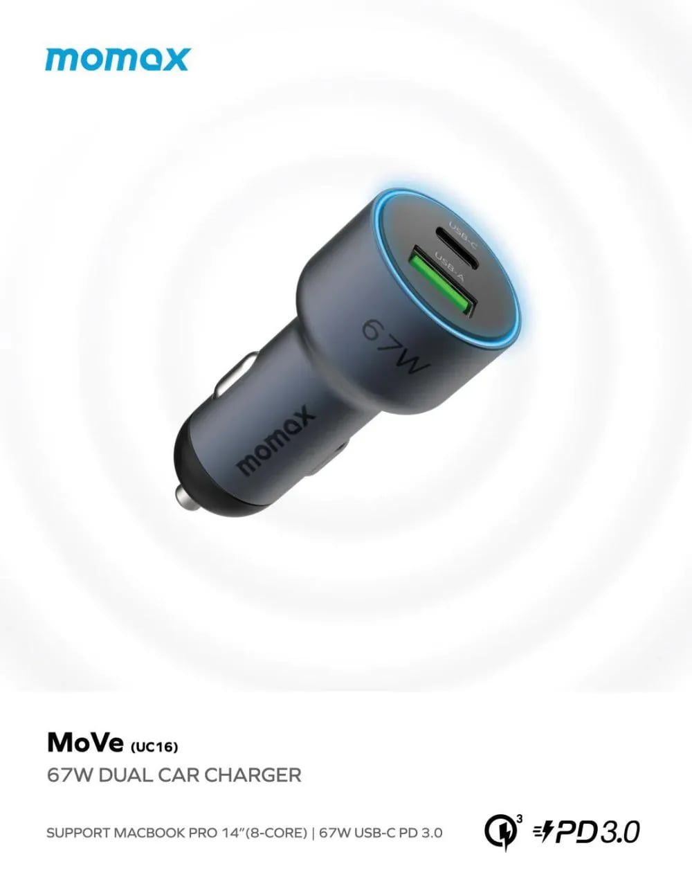 Picture of Momax MoVe 67W Dual Port Car Charger (UC16) - Black