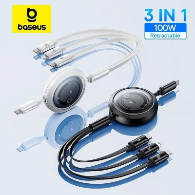 Picture of For Multi User Cable Baseus 100W Free2Draw Retractable Crystal Fast Charging Data Cable USB to M+L+C