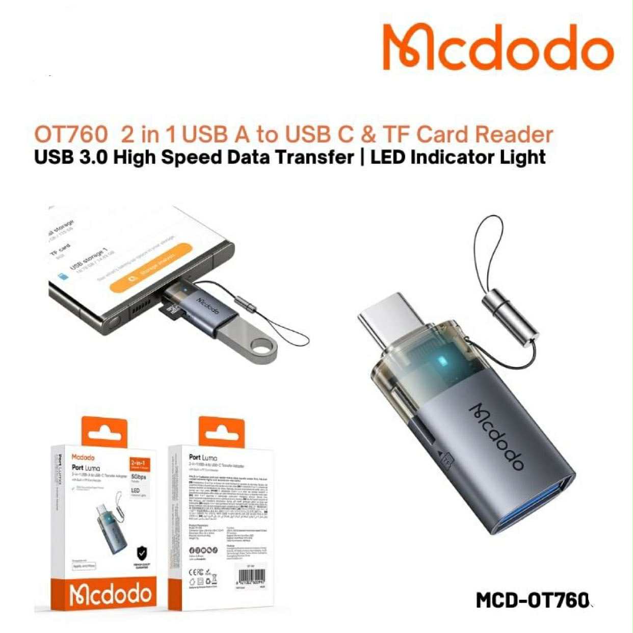 Picture of Mcdodo OT-760 2 in 1 USB A to USB C Type C Transfer Adapter with TF Card Reader