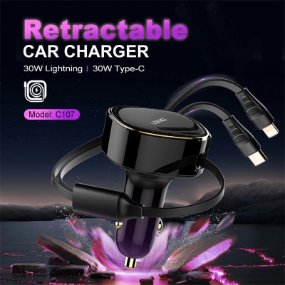 Picture of LDNIO C107 30W 2-in-1 Retractable Car Charger with iP+Type-C Telescopic Cable