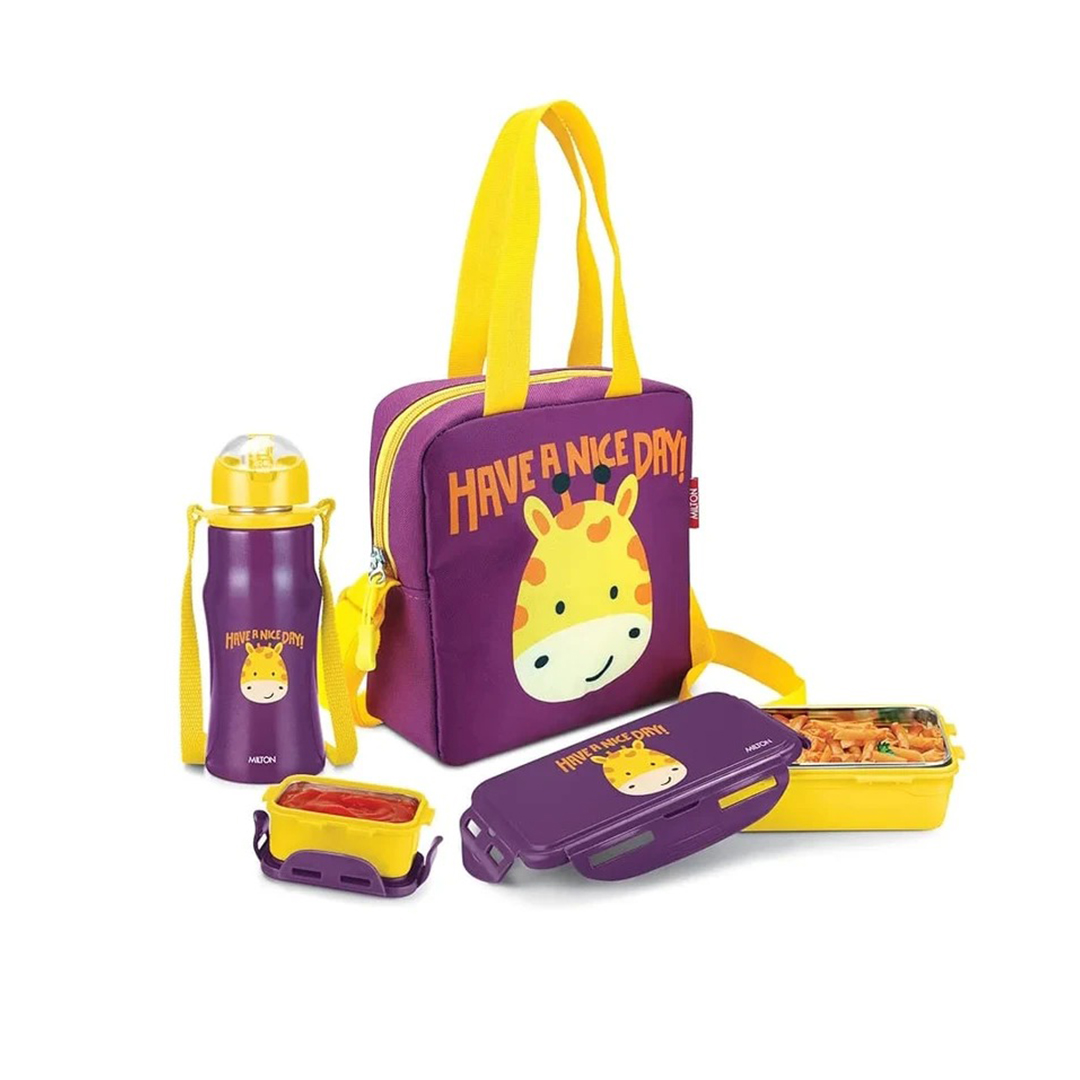 Picture of MILTON Kidz Combo Tiffin (2 Inner Steel Containers, 650 ml; 1 Stainless Steel Bottle, 415 ml) with Insulated Fabric Jacket, Odour Proof, Leak Proof, Easy to Carry, Food Grade