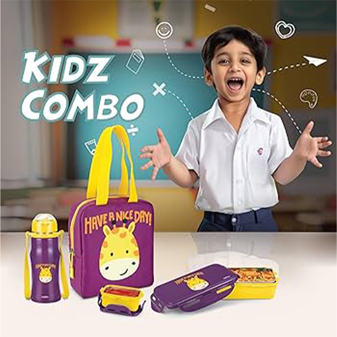 Picture of MILTON Kidz Combo Tiffin (2 Inner Steel Containers, 650 ml; 1 Stainless Steel Bottle, 415 ml) with Insulated Fabric Jacket, Odour Proof, Leak Proof, Easy to Carry, Food Grade