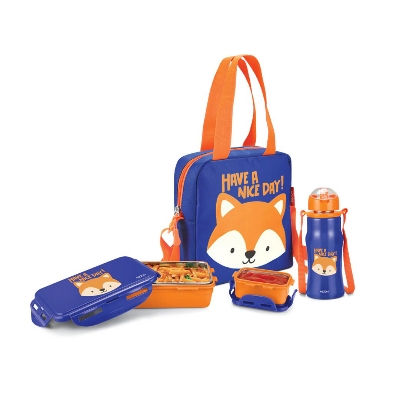 Picture of MILTON Kidz Combo Tiffin (2 Inner Steel Containers, 650 ml; 1 Stainless Steel Bottle, 415 ml) with Insulated Fabric Jacket, Odour Proof, Leak Proof, Easy to Carry, Food Grade