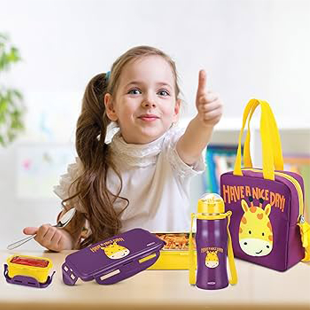 Picture of MILTON Kidz Combo Tiffin (2 Inner Steel Containers, 650 ml; 1 Stainless Steel Bottle, 415 ml) with Insulated Fabric Jacket, Odour Proof, Leak Proof, Easy to Carry, Food Grade