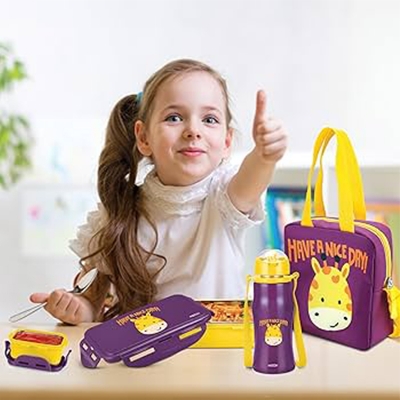 Picture of MILTON Kidz Combo Tiffin (2 Inner Steel Containers, 650 ml; 1 Stainless Steel Bottle, 415 ml) with Insulated Fabric Jacket, Odour Proof, Leak Proof, Easy to Carry, Food Grade