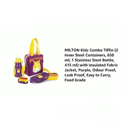 Picture of MILTON Kidz Combo Tiffin (2 Inner Steel Containers, 650 ml; 1 Stainless Steel Bottle, 415 ml) with Insulated Fabric Jacket, Odour Proof, Leak Proof, Easy to Carry, Food Grade